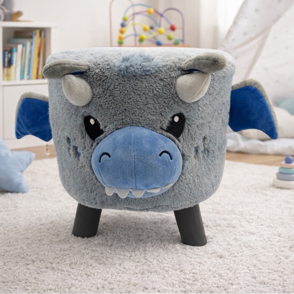 Dragon Kids Stool Plush Animal Ottoman Gray Blue Nursery Footstool Seat